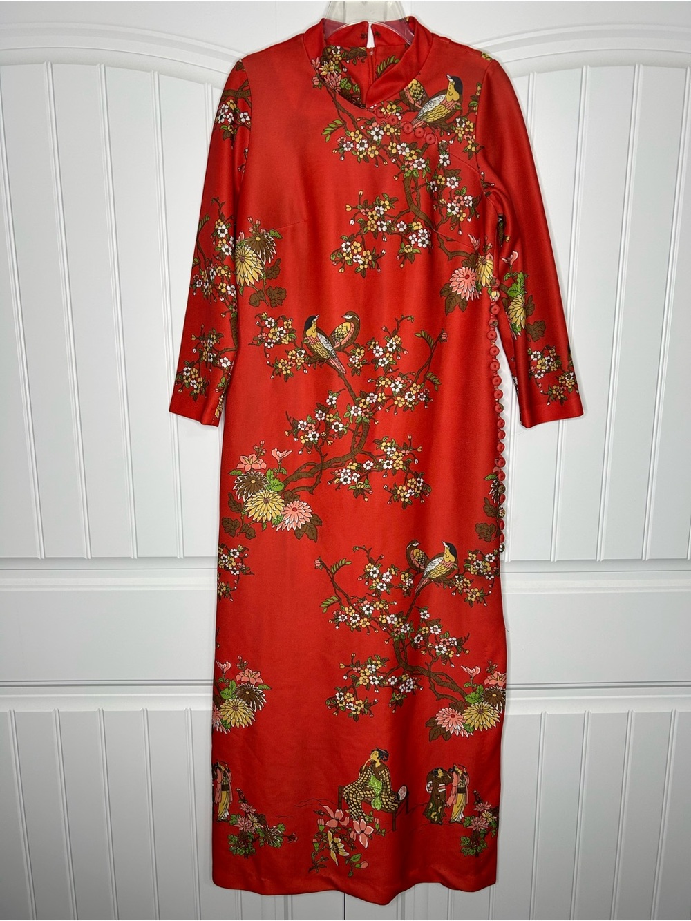 1970’s Vintage Leslie Pomer Red Floral Asian Mandarin Collar Style Dress Size L
